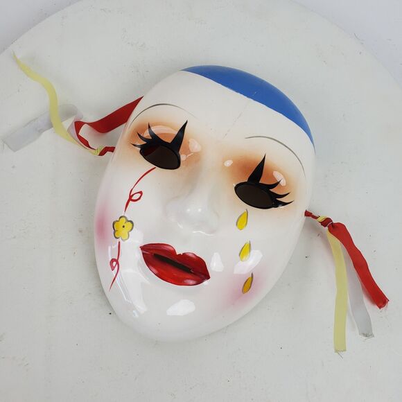 Vintage Circus Clown Ceramic Mask ART 7.5 Inch Taiwan Hand Painted Flower Tears - Picture 1 of 7